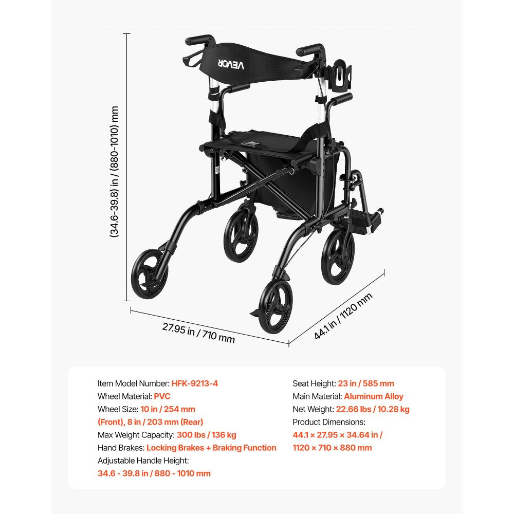 VEVOR 2-in-1 Rollator Walker & Transport Chair for Seniors, Foldable Rolling Walker Wheelchair, Lightweight Aluminum Mobility Walking Aid with Solid PVC Wheels, Cup & Cane Holder - Supports 300LBS