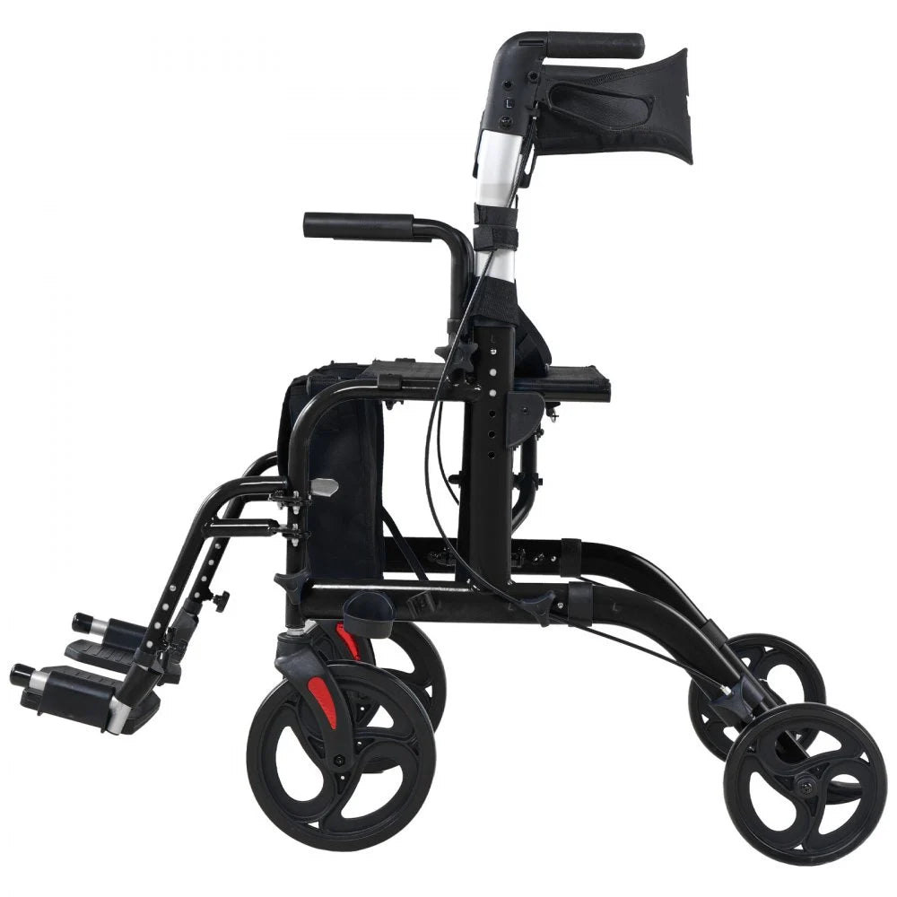 VEVOR 2-in-1 Rollator Walker & Transport Chair for Seniors, Foldable Rolling Walker Wheelchair, Lightweight Aluminum Mobility Walking Aid with Solid PVC Wheels, Cup & Cane Holder - Supports 300LBS