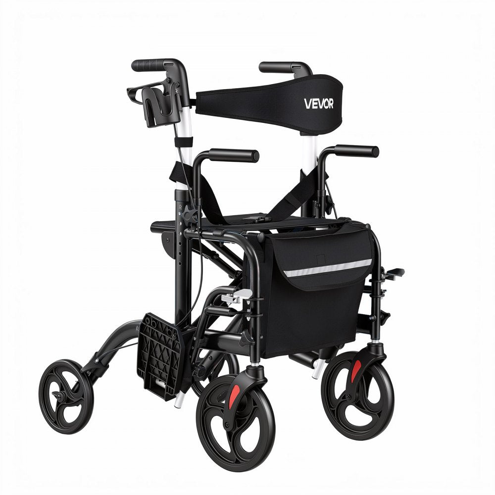 VEVOR 2-in-1 Rollator Walker & Transport Chair for Seniors, Foldable Rolling Walker Wheelchair, Lightweight Aluminum Mobility Walking Aid with Solid PVC Wheels, Cup & Cane Holder - Supports 300LBS