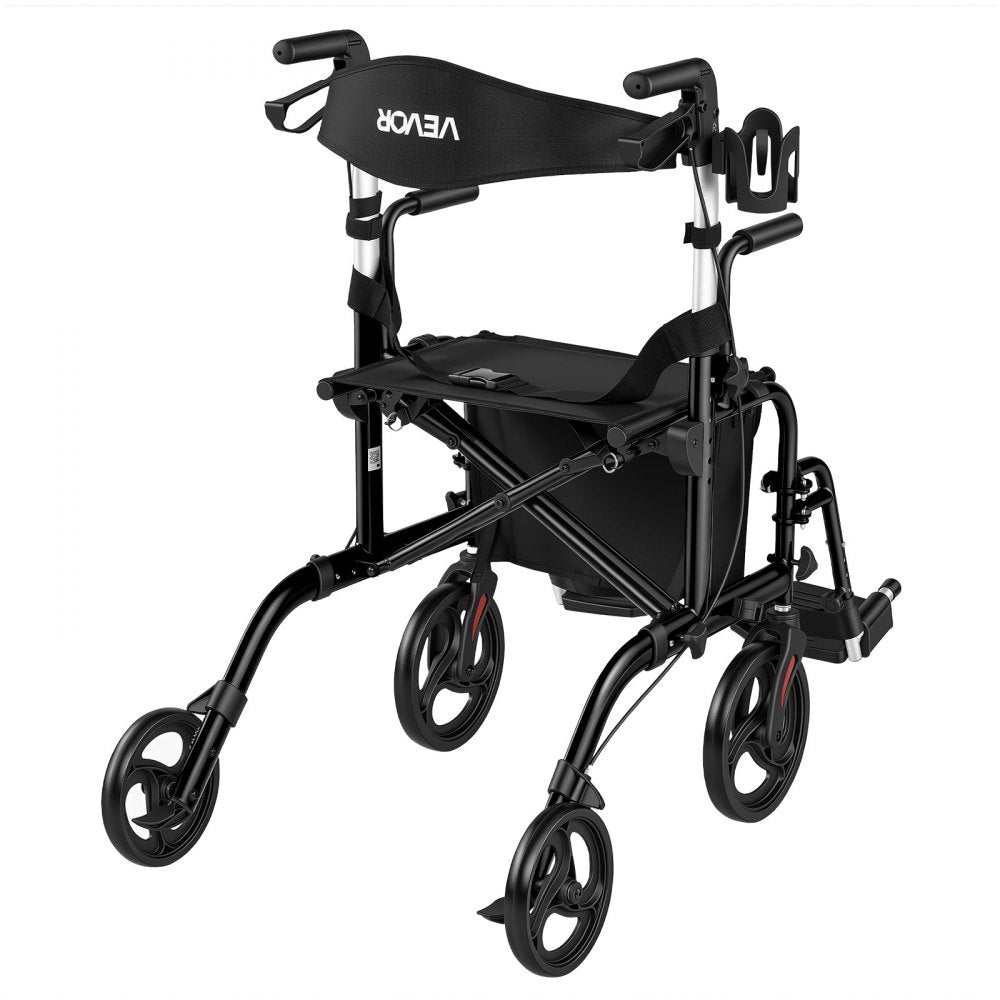 VEVOR 2-in-1 Rollator Walker & Transport Chair for Seniors, Foldable Rolling Walker Wheelchair, Lightweight Aluminum Mobility Walking Aid with Solid PVC Wheels, Cup & Cane Holder - Supports 300LBS