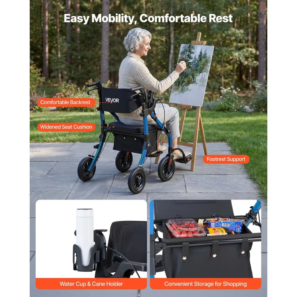 VEVOR 2-in-1 Rollator Walker & Transport Chair for Seniors, Foldable Rolling Walker Wheelchair, Lightweight Aluminum Mobility Walking Aid with Solid PU Wheels, Cup & Cane Holder - Supports 300LBS