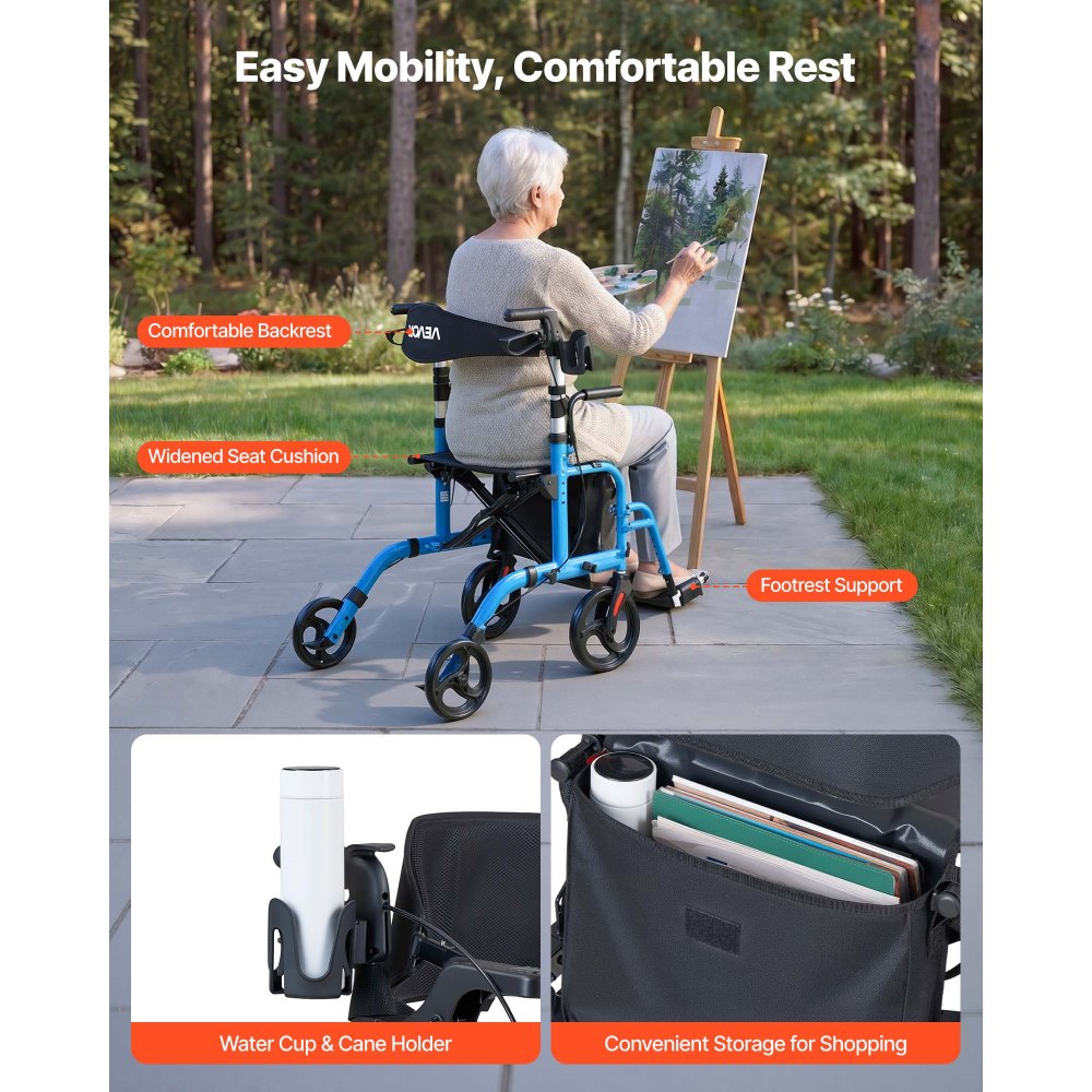 VEVOR 2-in-1 Rollator Walker & Transport Chair for Seniors, Foldable Rolling Walker Wheelchair, Lightweight Aluminum Mobility Walking Aid with Solid PVC Wheels, Cup & Cane Holder - Supports 300LBS