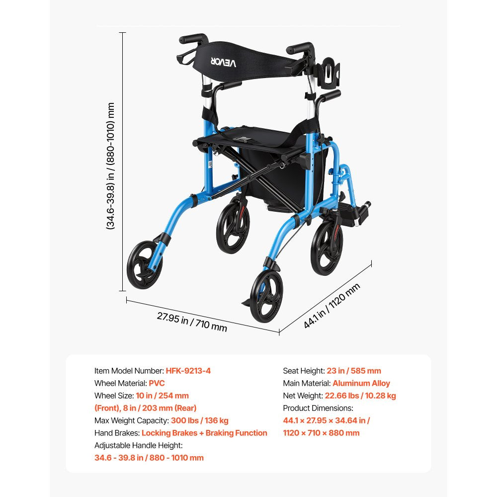 VEVOR 2-in-1 Rollator Walker & Transport Chair for Seniors, Foldable Rolling Walker Wheelchair, Lightweight Aluminum Mobility Walking Aid with Solid PVC Wheels, Cup & Cane Holder - Supports 300LBS