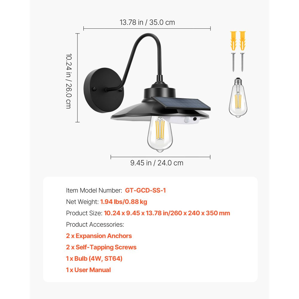 VEVOR Solar Outdoor Barn Light, 3 Lighting Modes and Motion Sensor, 1-Pack Gooseneck Light Fixture,Farmhouse Wall Sconce, with E26 Bulb Compatible, Waterproof for Porch, House, Entryway, Garage, Black