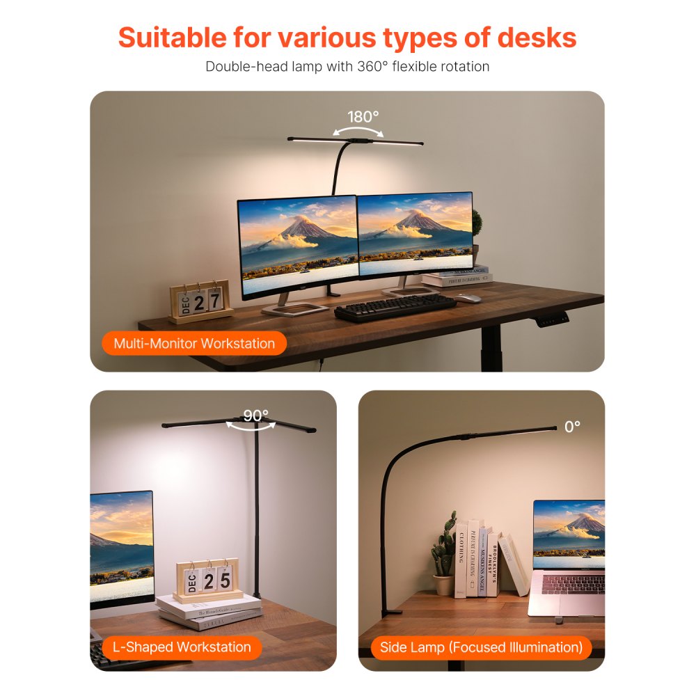 VEVOR LED Desk Lamp with Clamp, Double Head Architect Desk Lamp for Home Office, Eye-Caring Desk Light with 360° Adjustable Gooseneck, 50 Lighting Modes & Timer Function for Studying Working Drawing