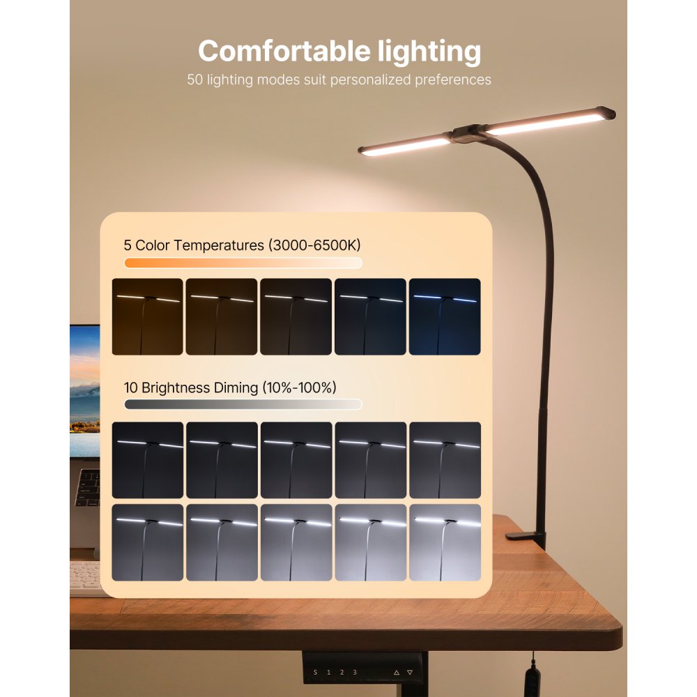 VEVOR LED Desk Lamp with Clamp, Double Head Architect Desk Lamp for Home Office, Eye-Caring Desk Light with 360° Adjustable Gooseneck, 50 Lighting Modes & Timer Function for Studying Working Drawing