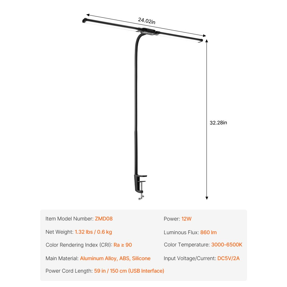 VEVOR LED Desk Lamp with Clamp, Double Head Architect Desk Lamp for Home Office, Eye-Caring Desk Light with 360° Adjustable Gooseneck, 50 Lighting Modes & Timer Function for Studying Working Drawing
