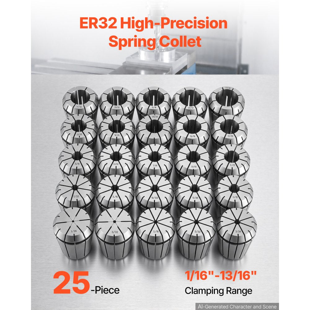 VEVOR ER32 Collet Set 1/16"-13/16" 25 Piece ER32 Spring Collet Chuck Set, for Milling Machines & Drill Presses, 0.0008" TIR High Concentricity, Precision Lathe Chuck Tool with Storage Box, Alloy Steel
