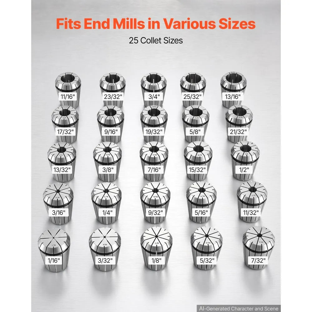 VEVOR ER32 Collet Set 1/16"-13/16" 25 Piece ER32 Spring Collet Chuck Set, for Milling Machines & Drill Presses, 0.0008" TIR High Concentricity, Precision Lathe Chuck Tool with Storage Box, Alloy Steel