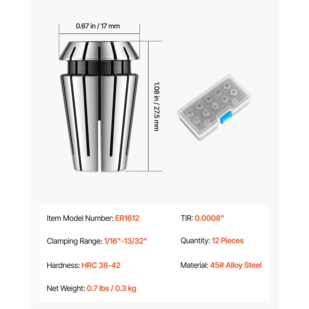 VEVOR ER16 Collet Set 1/16"-13/32" 12 Piece ER16 Spring Collet Chuck Set, for CNC Milling Machines & Drill Presses, 0.0008" TIR High Concentricity, Lathe Chuck Tool with Storage Case, Alloy Steel