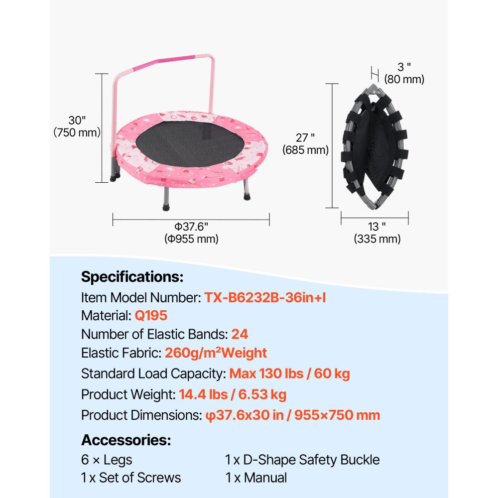 VEVOR 36" Kids Trampoline, 3FT Indoor Outdoor Trampoline, Foldable Mini Trampoline with Handle, Rebounder Trampoline for Toddlers, Birthday Gift for 3+ Years Children, Boys Girls for Fun, Red