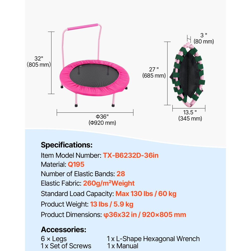 VEVOR 36" Kids Trampoline, 3FT Indoor Outdoor Trampoline, Foldable Mini Trampoline with Handle, Rebounder Trampoline for Toddlers, Birthday Gift for 3+ Years Children, Boys Girls for Fun, Pink