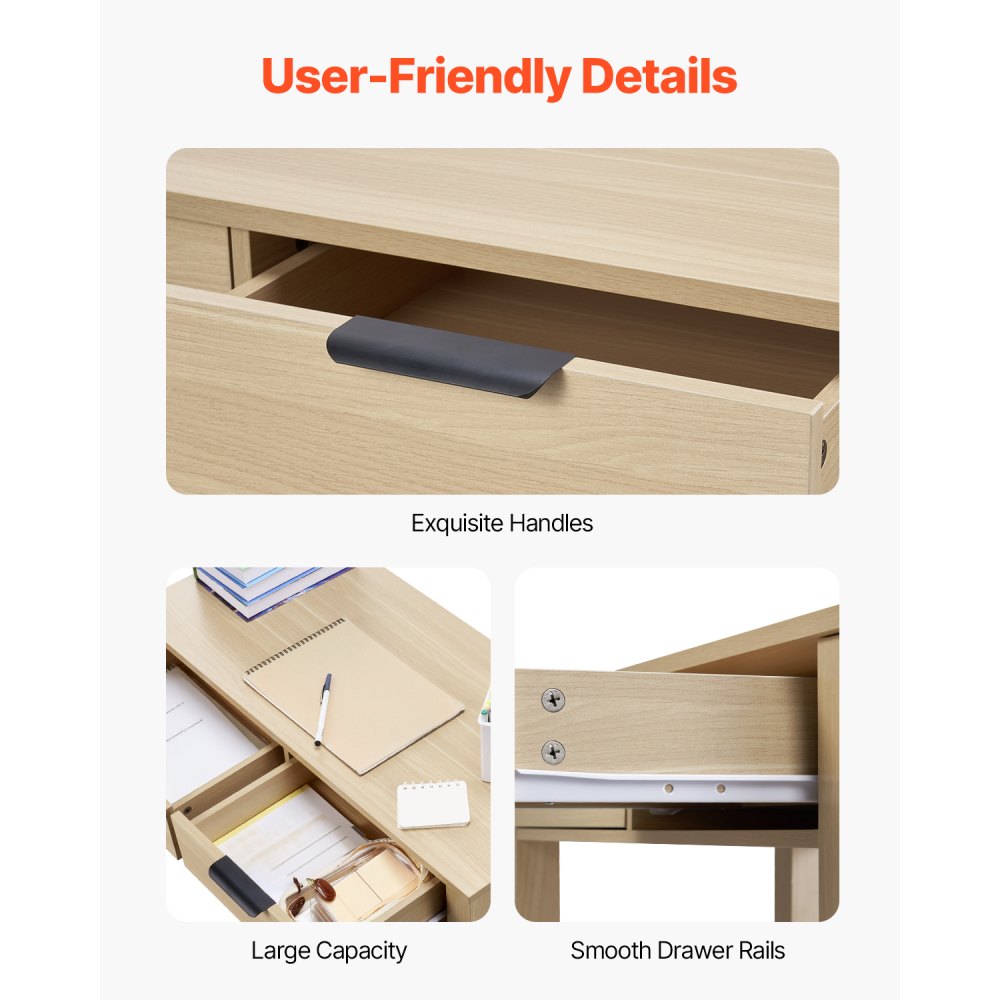 VEVOR Small Desk with Drawers, Kids Desk for Bedroom, Modern Simple Study Table for Drawing, Reading, Writing, Rectangle MDF Furniture Study Storage Table for Home, Office, Light Wood