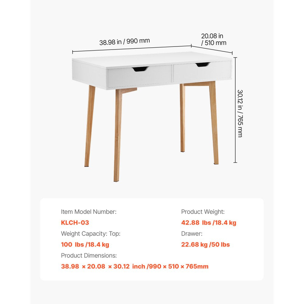 VEVOR Small Desk with Drawers, Kids Desk for Bedroom, Wooden Simple Study Table for Drawing, Reading, Writing, Rectangle MDF Furniture Study Storage Table for Home, Office, White + Wood