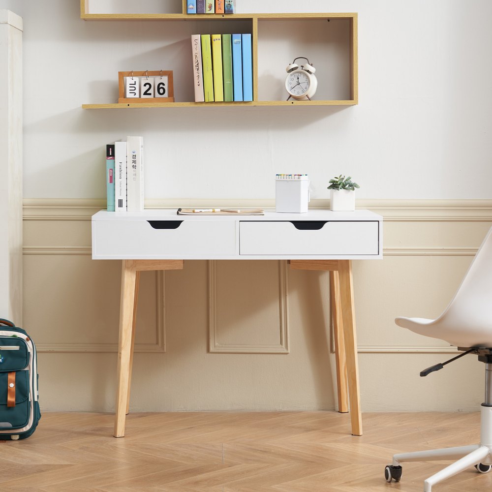 VEVOR Small Desk with Drawers, Kids Desk for Bedroom, Wooden Simple Study Table for Drawing, Reading, Writing, Rectangle MDF Furniture Study Storage Table for Home, Office, White + Wood