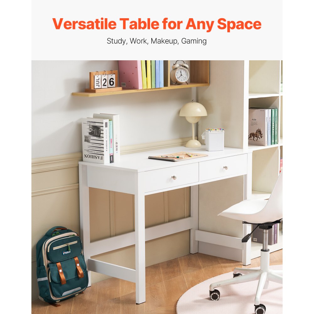 VEVOR Small Desk with Drawers, Kids Desk for Bedroom, Modern Simple Study Table for Drawing, Reading, Writing, Rectangle MDF Furniture Study Storage Table for Home, Office, White