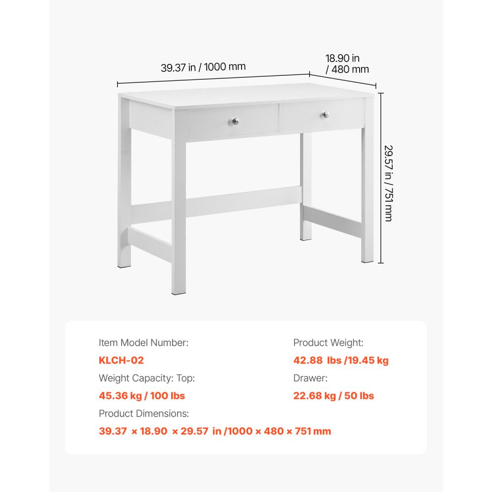 VEVOR Small Desk with Drawers, Kids Desk for Bedroom, Modern Simple Study Table for Drawing, Reading, Writing, Rectangle MDF Furniture Study Storage Table for Home, Office, White