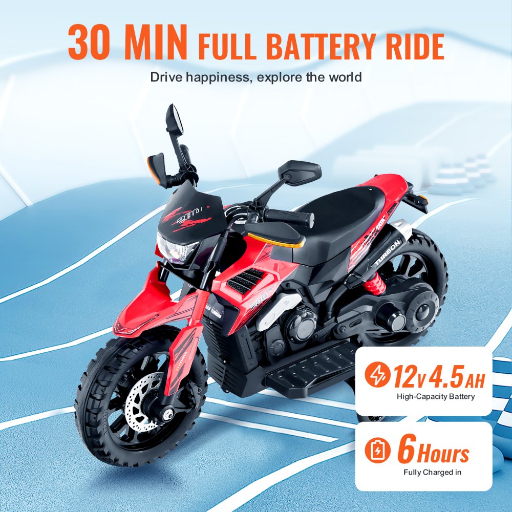 VEVOR Kids Ride On Motorcycle, 12V Battery Powered Electric Motorcycle with Speed Up to 3mph, Detachable Training Wheels, Headlight, LED Light, Music, Bluetooth, Gift for Children Boys Girls Aged 3-4