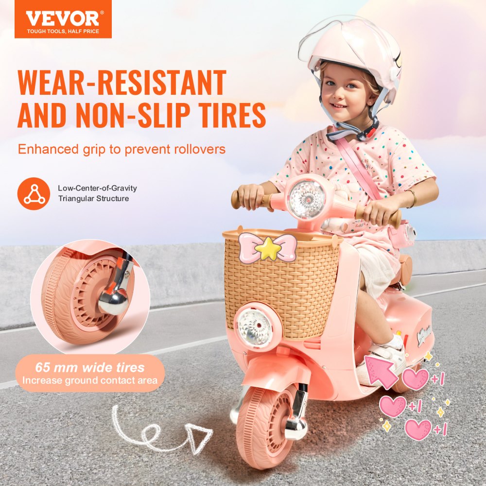 VEVOR Kids Ride On Motorcycle, 6V Battery Powered Electric Motorcycle Trike with Speed Up to 2mph, Headlight, LED Light, Music, Bluetooth, Basket, 3 Wheel Ride on Toys for Children Boys Girls Aged 3-4