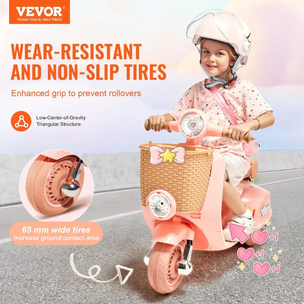 VEVOR Kids Ride On Motorcycle, 6V Battery Powered Electric Motorcycle Trike with Speed Up to 2mph, Headlight, LED Light, Music, Bluetooth, Basket, 3 Wheel Ride on Toys for Children Boys Girls Aged 3-4