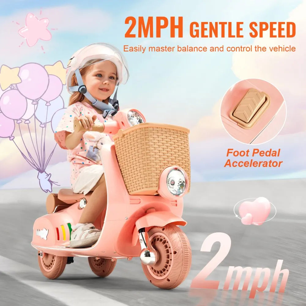 VEVOR Kids Ride On Motorcycle, 6V Battery Powered Electric Motorcycle Trike with Speed Up to 2mph, Headlight, LED Light, Music, Bluetooth, Basket, 3 Wheel Ride on Toys for Children Boys Girls Aged 3-4