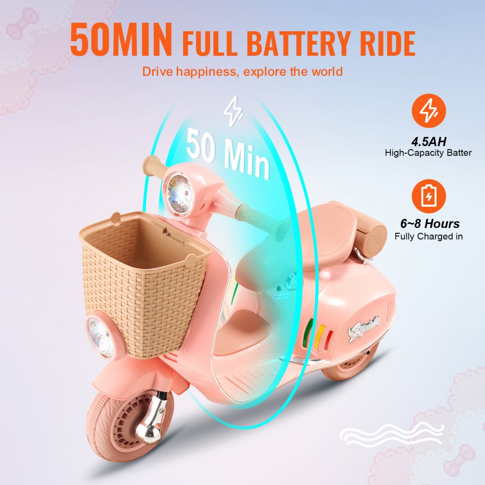 VEVOR Kids Ride On Motorcycle, 12V Battery Powered Electric Motorcycle Trike with Speed Up to 2mph, Headlight, LED Light, Music, Bluetooth, Basket, 3 Wheel Ride on Toys for Boys Girls Aged 3-4