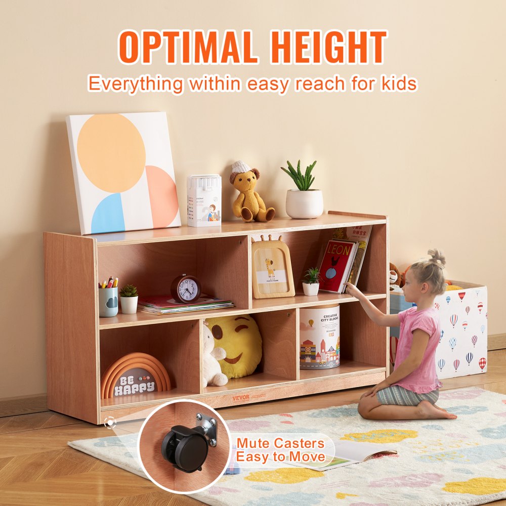 VEVOR Cubby Mobile Tray Storage Cabinet, 5-Compartment Cubby Storage Shelf, Cubby Storage Cabinet 2-shelf, Classroom Cubbies, Classroom Furniture for Home, Daycare and Preschool, Natural