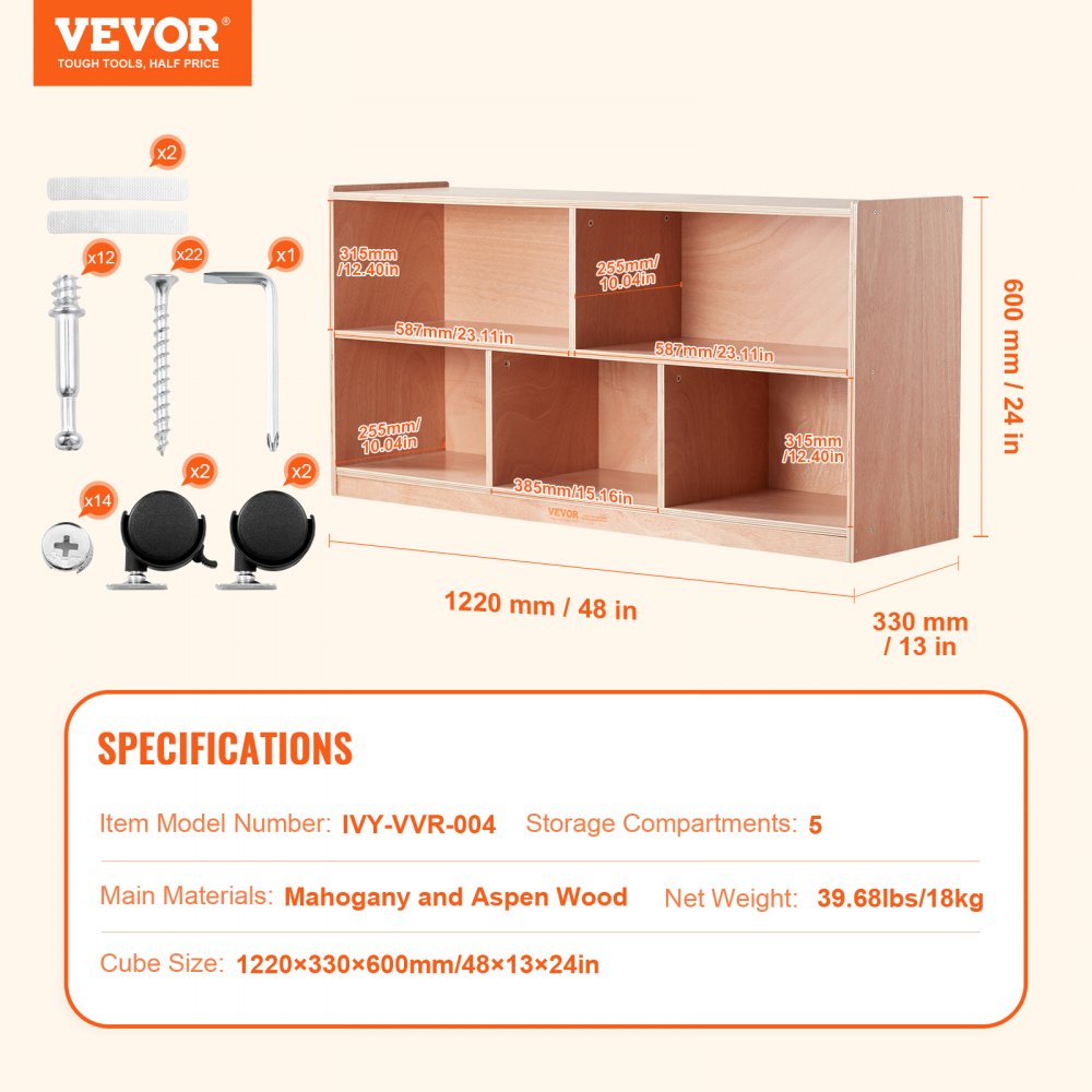VEVOR Cubby Mobile Tray Storage Cabinet, 5-Compartment Cubby Storage Shelf, Cubby Storage Cabinet 2-shelf, Classroom Cubbies, Classroom Furniture for Home, Daycare and Preschool, Natural