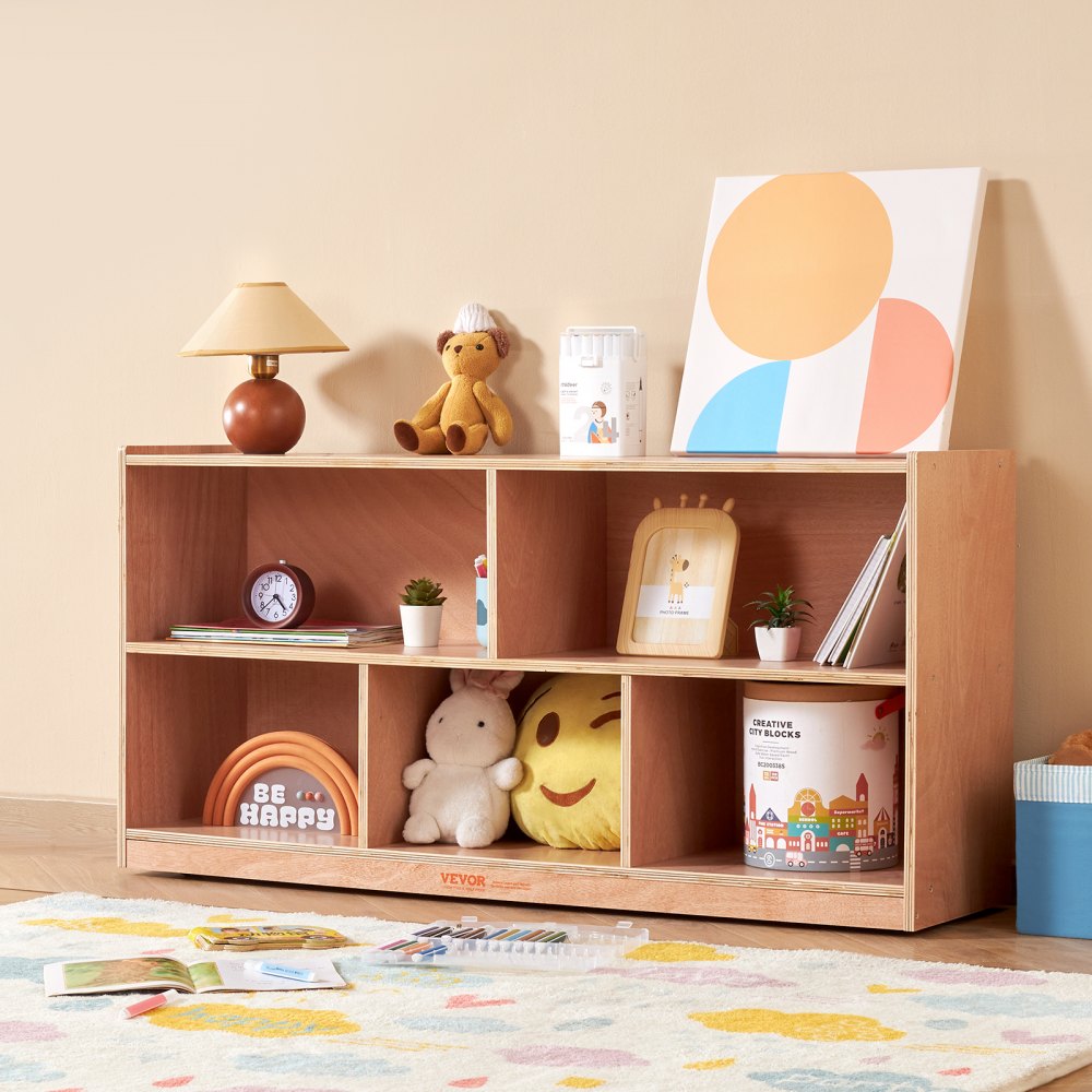 VEVOR Cubby Mobile Tray Storage Cabinet, 5-Compartment Cubby Storage Shelf, Cubby Storage Cabinet 2-shelf, Classroom Cubbies, Classroom Furniture for Home, Daycare and Preschool, Natural