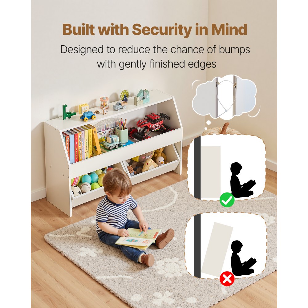 VEVOR Toy Storage Organizer, Wooden Kids Bookshelf with Storage, Toy Storage Cabinet with 2 Mobile Drawers, Kids Storage Organizer for Bedroom, Nursery, Living Room, Entryway, Preschool, White