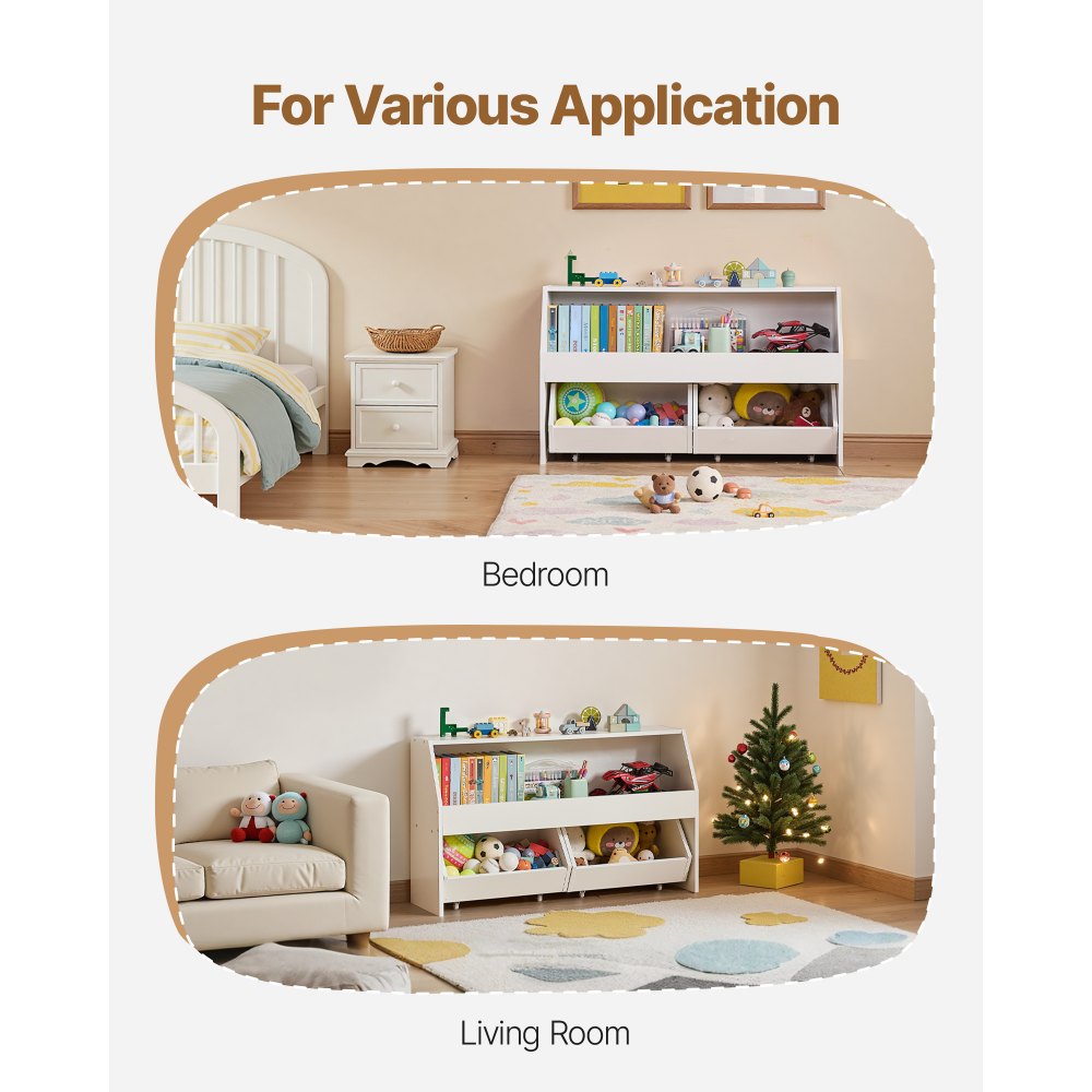 VEVOR Toy Storage Organizer, Wooden Kids Bookshelf with Storage, Toy Storage Cabinet with 2 Mobile Drawers, Kids Storage Organizer for Bedroom, Nursery, Living Room, Entryway, Preschool, White