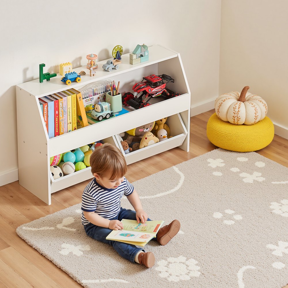 VEVOR Toy Storage Organizer, Wooden Kids Bookshelf with Storage, Toy Storage Cabinet with 2 Mobile Drawers, Kids Storage Organizer for Bedroom, Nursery, Living Room, Entryway, Preschool, White
