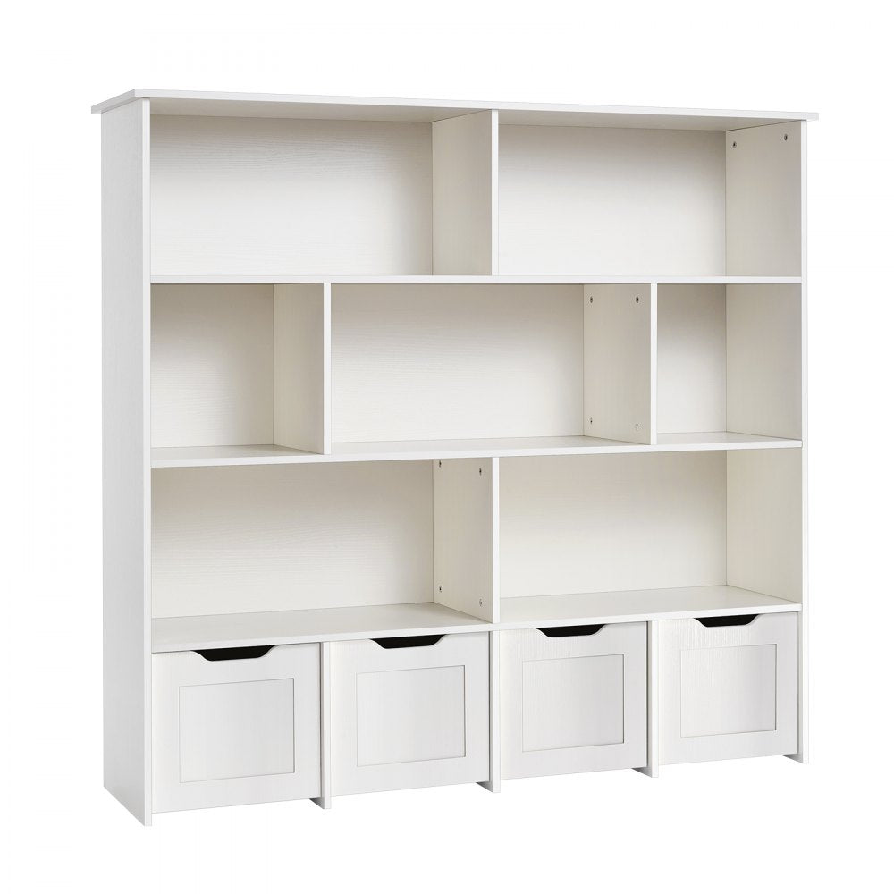 VEVOR Toy Storage Organizer, Wooden Kids Bookshelf with Storage, Toy Storage Cabinet with 4 Mobile Drawers, Kids Storage Organizer for Bedroom, Nursery, Living Room, Entryway, Preschool, White