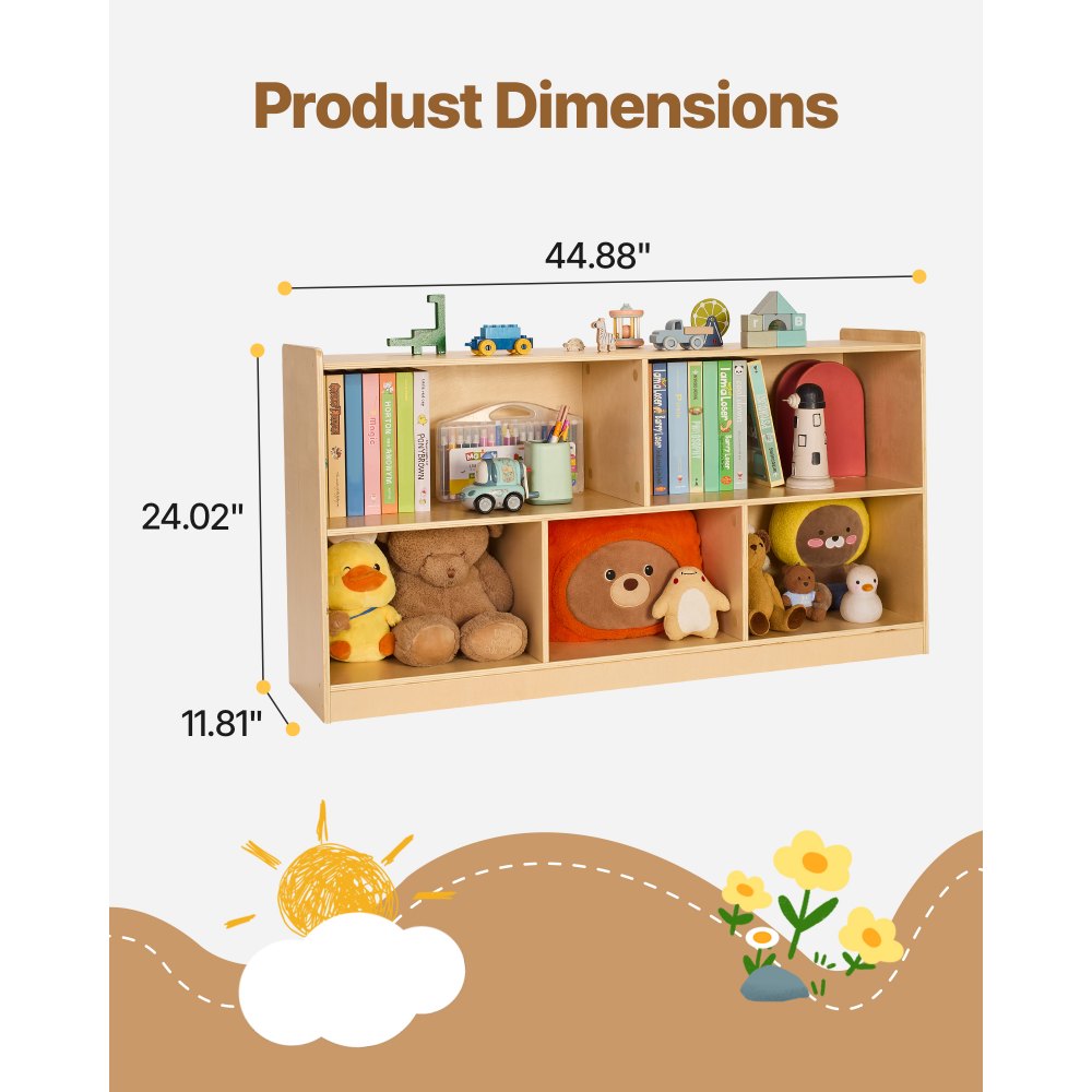 VEVOR Montessori Bookshelf, 45 in Width Toy Storage Organizer, 5-Section Kids Display Storage Cabinet, Daycare Furniture, Kids Bookshelf for Bedroom, Nursery, Living Room, Entryway, Preschool, Brown
