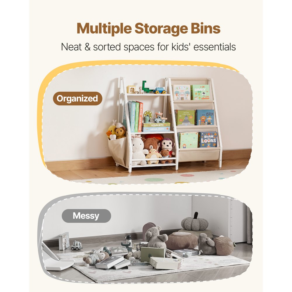VEVOR 3-Tier Kids Bookshelf, Toy Storage Organizer for Toddler, Book Shelf for Kids Rooms with Sling Book Rack and Storage Bag, Kids Storage Book Shelves for Kids Room, Playroom, Kindergarten, Nursery