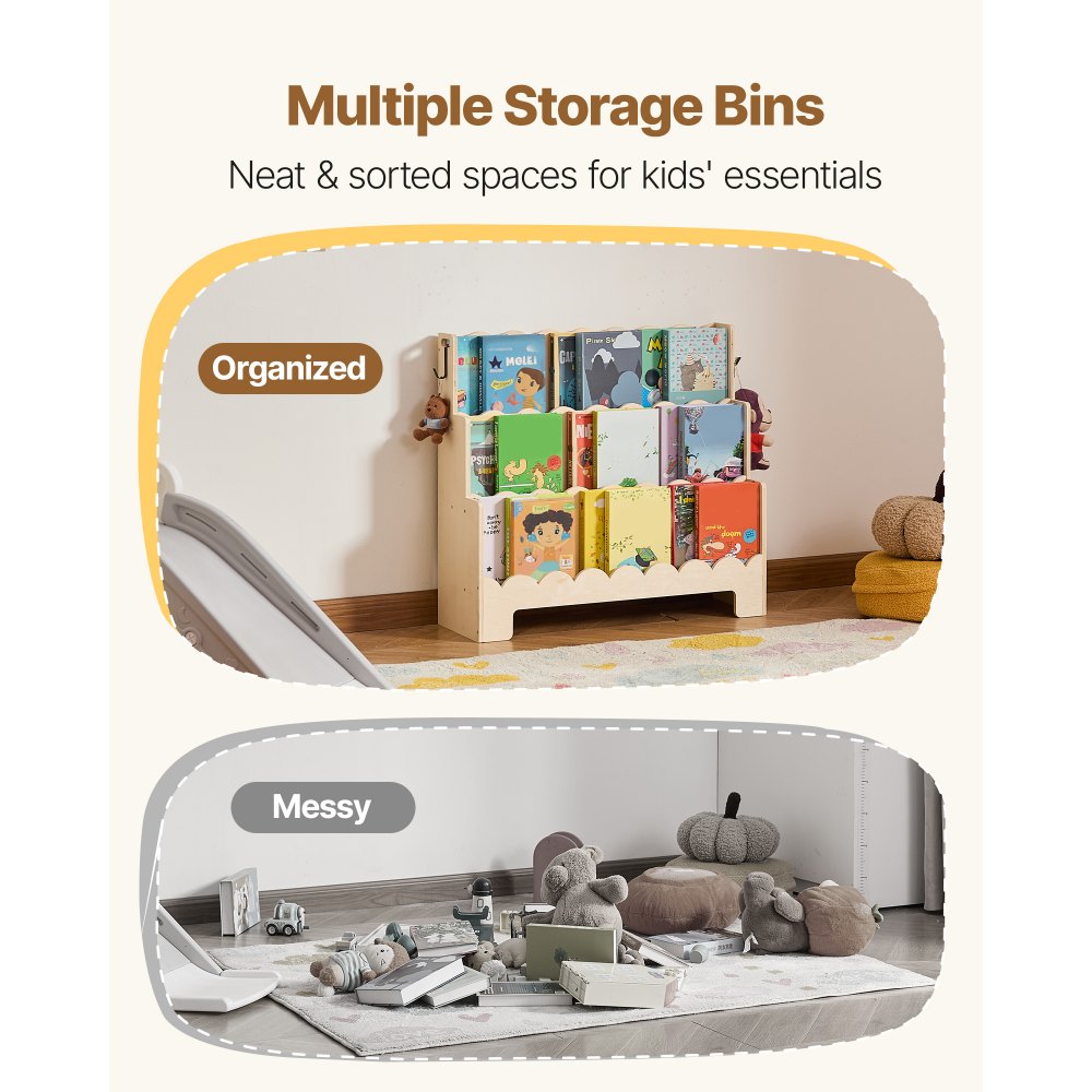 VEVOR Montessori Bookshelf, 3-Tier Scalloped Kids Bookshelf, Front Facing Toddler Bookcase, Dual Hooks for Hanging Backpacks, Baby Bookshelf for Kids Room, Living Room, Entryway, Nursury, Preschool