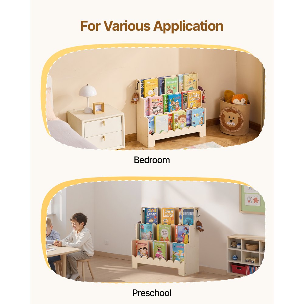 VEVOR Montessori Bookshelf, 3-Tier Scalloped Kids Bookshelf, Front Facing Toddler Bookcase, Dual Hooks for Hanging Backpacks, Baby Bookshelf for Kids Room, Living Room, Entryway, Nursury, Preschool