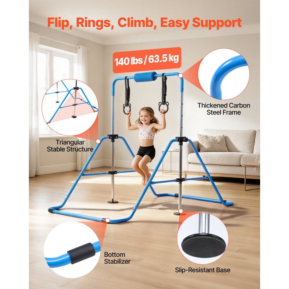 VEVOR Gymnastic Bars for Kids, 140 lbs Capacity Folding Training Kip Bar, Adjustable Height Gymnastic Horizontal Bar for Home, Training Equipment for Indoor and Outdoor, Easy to Assemble, Blue