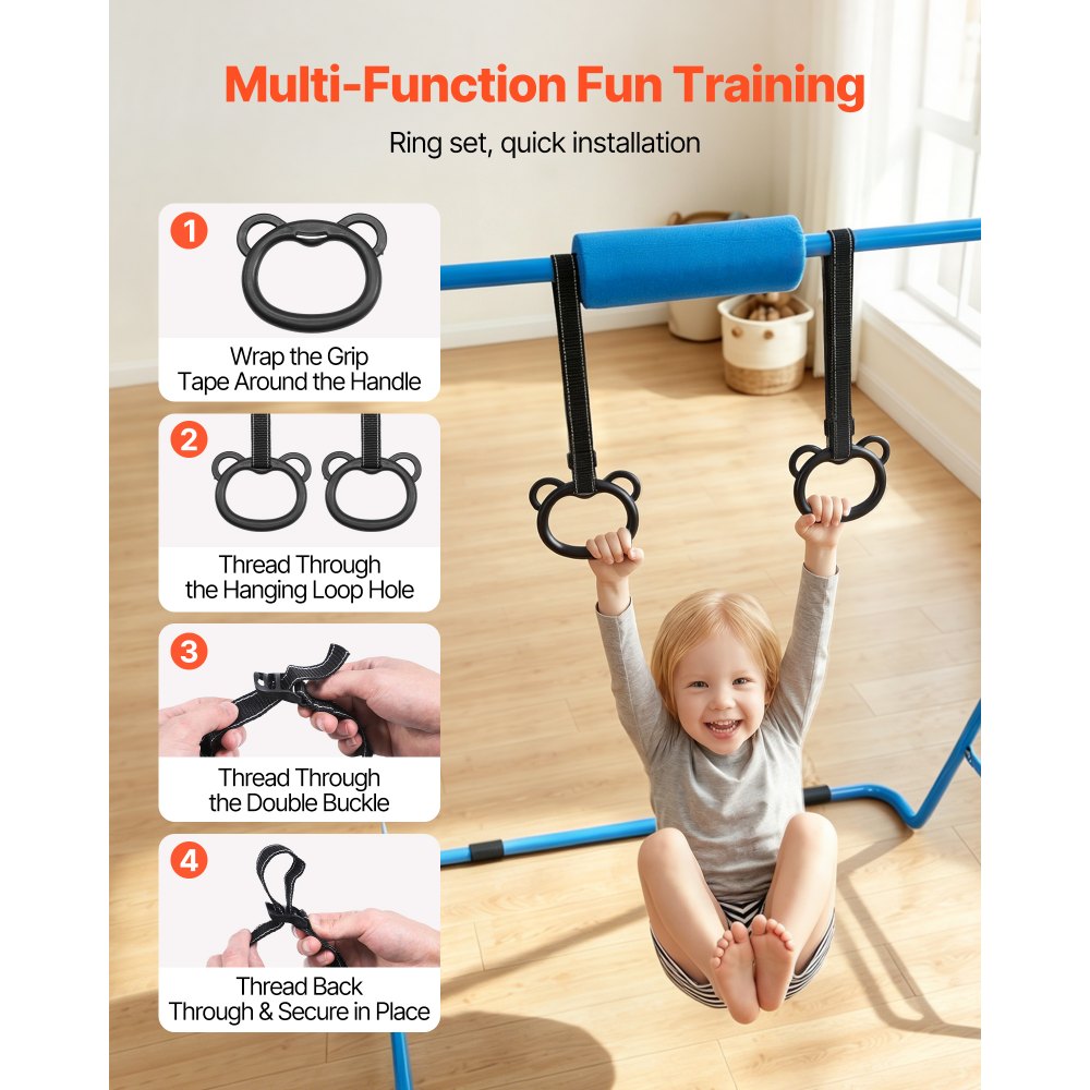 VEVOR Gymnastic Bars for Kids, 140 lbs Capacity Folding Training Kip Bar, Adjustable Height Gymnastic Horizontal Bar for Home, Training Equipment for Indoor and Outdoor, Easy to Assemble, Blue