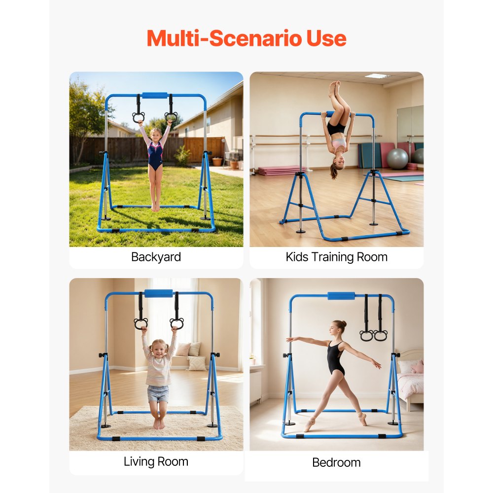 VEVOR Gymnastic Bars for Kids, 140 lbs Capacity Folding Training Kip Bar, Adjustable Height Gymnastic Horizontal Bar for Home, Training Equipment for Indoor and Outdoor, Easy to Assemble, Blue