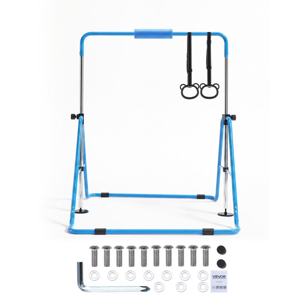 VEVOR Gymnastic Bars for Kids, 140 lbs Capacity Folding Training Kip Bar, Adjustable Height Gymnastic Horizontal Bar for Home, Training Equipment for Indoor and Outdoor, Easy to Assemble, Blue
