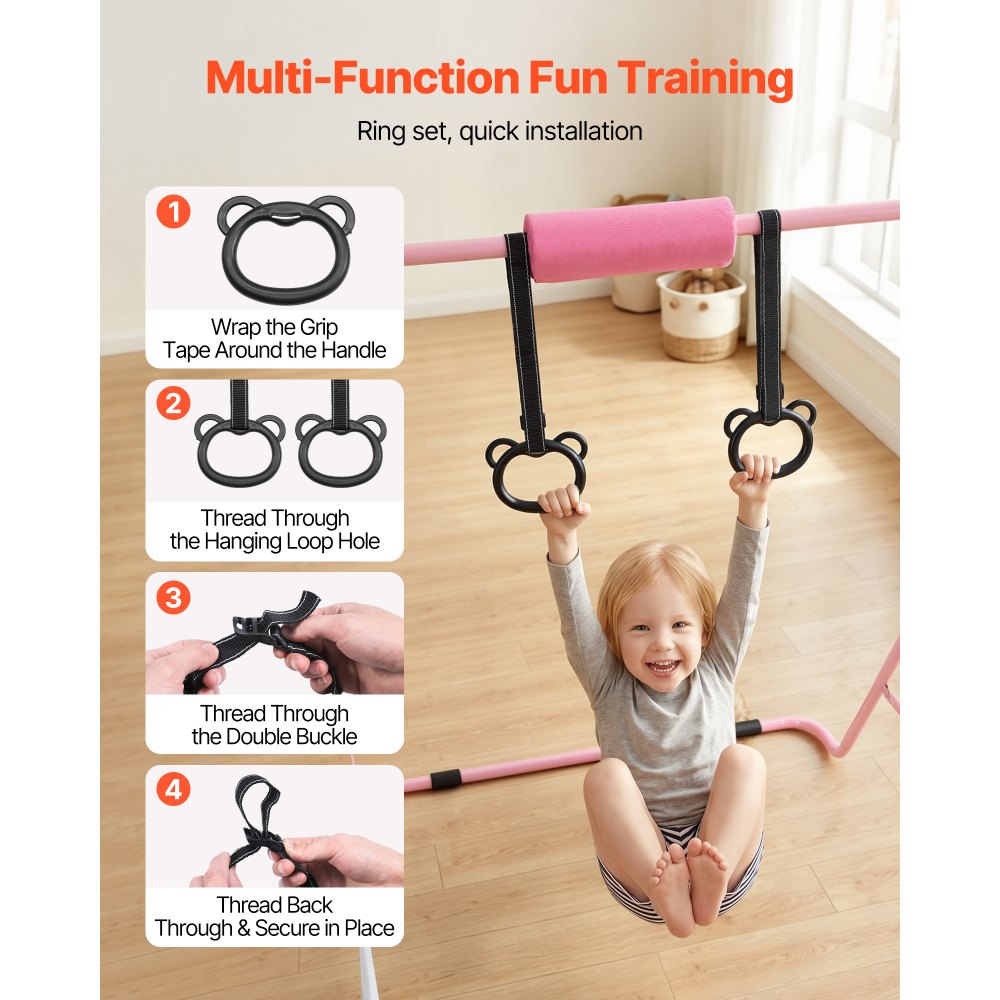 VEVOR Gymnastic Bars for Kids, 140 lbs Capacity Folding Training Kip Bar, Adjustable Height Gymnastic Horizontal Bar for Home, Training Equipment for Indoor and Outdoor, Easy to Assemble, Pink