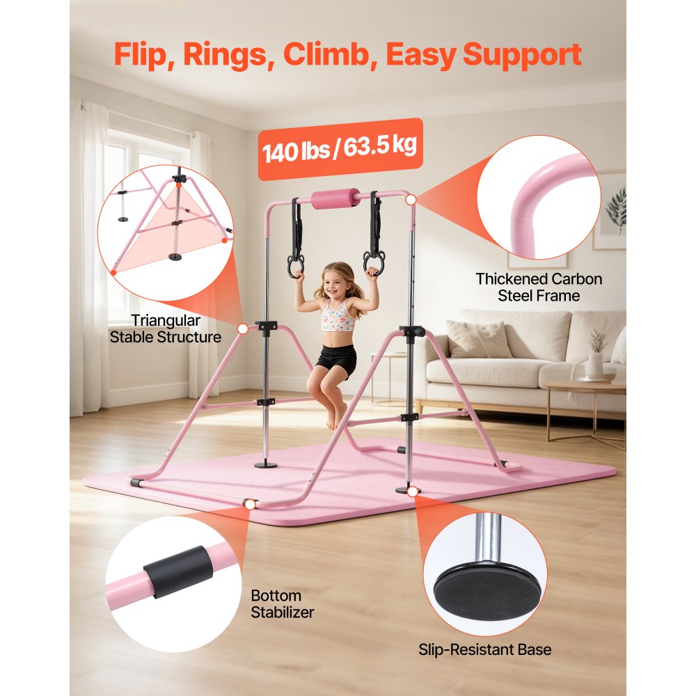 VEVOR Gymnastic Bars for Kids, 140 lbs Capacity Folding Training Kip Bar with Mat, Adjustable Height Gymnastic Horizontal Bar for Home, Training Equipment for Indoor Outdoor, Easy to Assemble, Pink