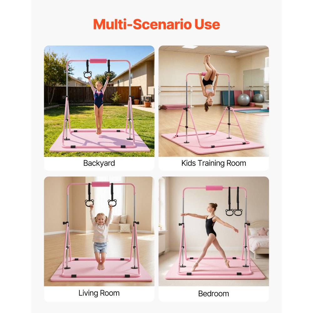 VEVOR Gymnastic Bars for Kids, 140 lbs Capacity Folding Training Kip Bar with Mat, Adjustable Height Gymnastic Horizontal Bar for Home, Training Equipment for Indoor Outdoor, Easy to Assemble, Pink