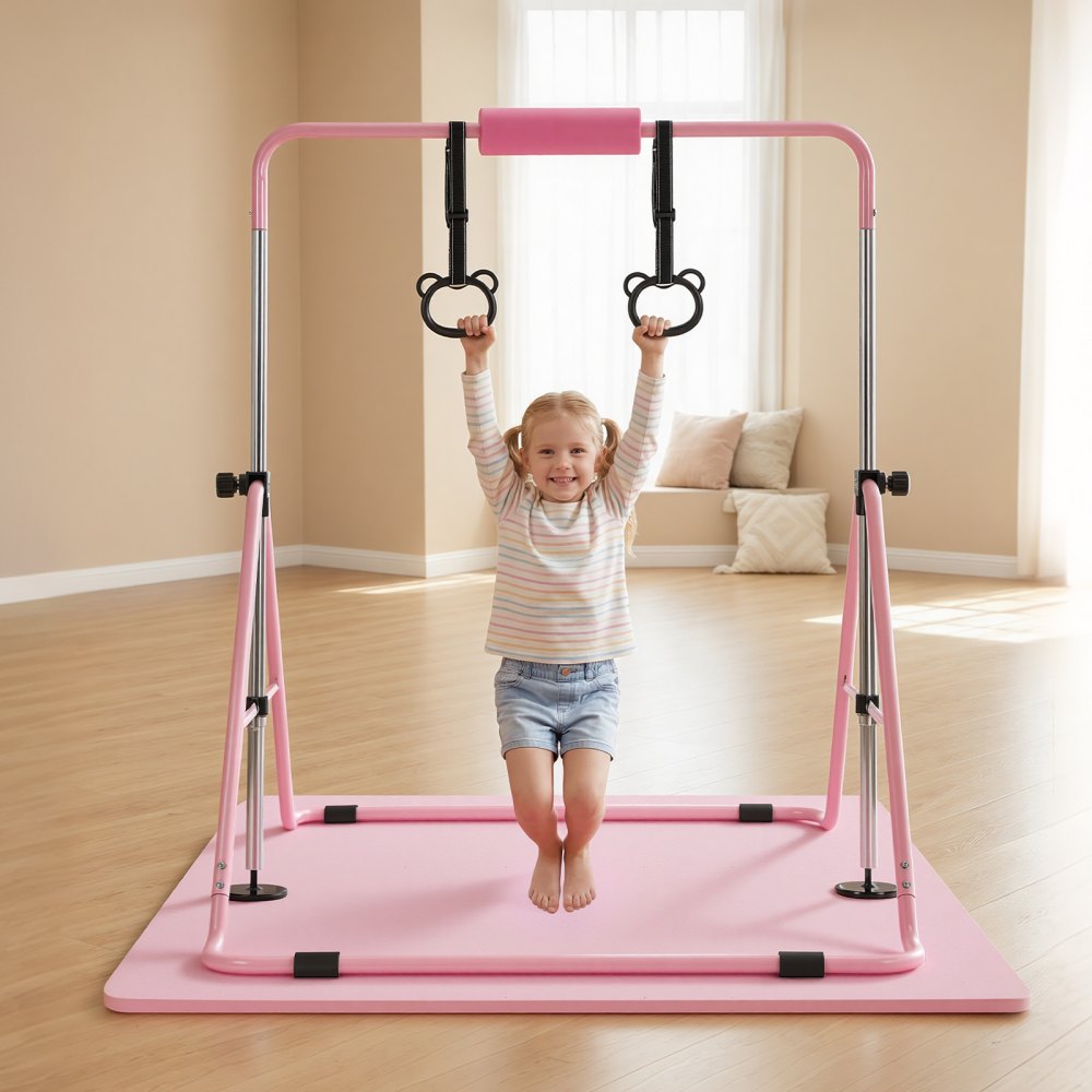 VEVOR Gymnastic Bars for Kids, 140 lbs Capacity Folding Training Kip Bar with Mat, Adjustable Height Gymnastic Horizontal Bar for Home, Training Equipment for Indoor Outdoor, Easy to Assemble, Pink
