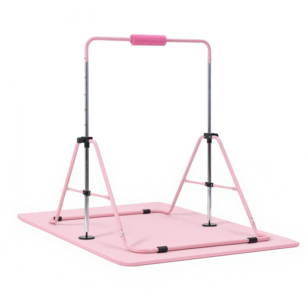 VEVOR Gymnastic Bars for Kids, 140 lbs Capacity Folding Training Kip Bar with Mat, Adjustable Height Gymnastic Horizontal Bar for Home, Training Equipment for Indoor Outdoor, Easy to Assemble, Pink