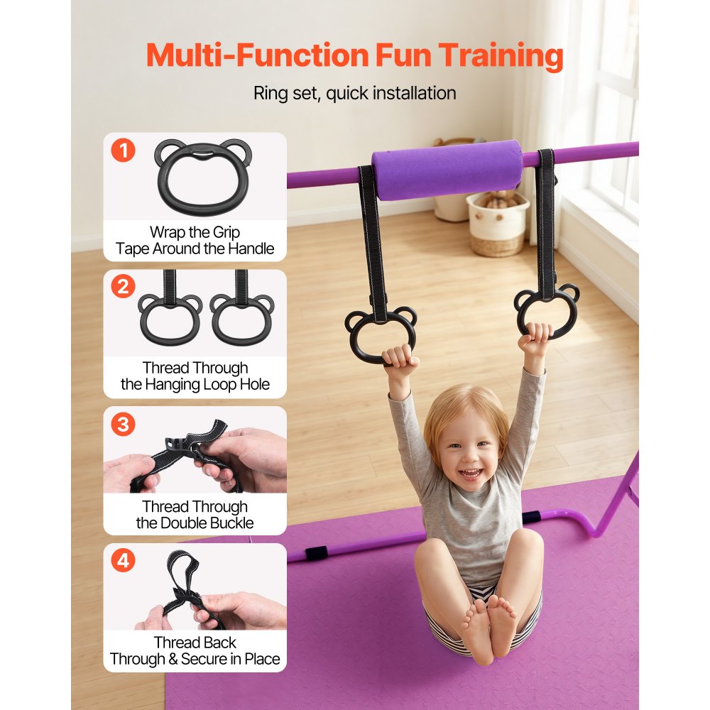 VEVOR Gymnastic Bars for Kids, 140 lbs Capacity Folding Training Kip Bar with Mat, Adjustable Height Gymnastic Horizontal Bar for Home, Training Equipment for Indoor Outdoor, Easy to Assemble, Purple