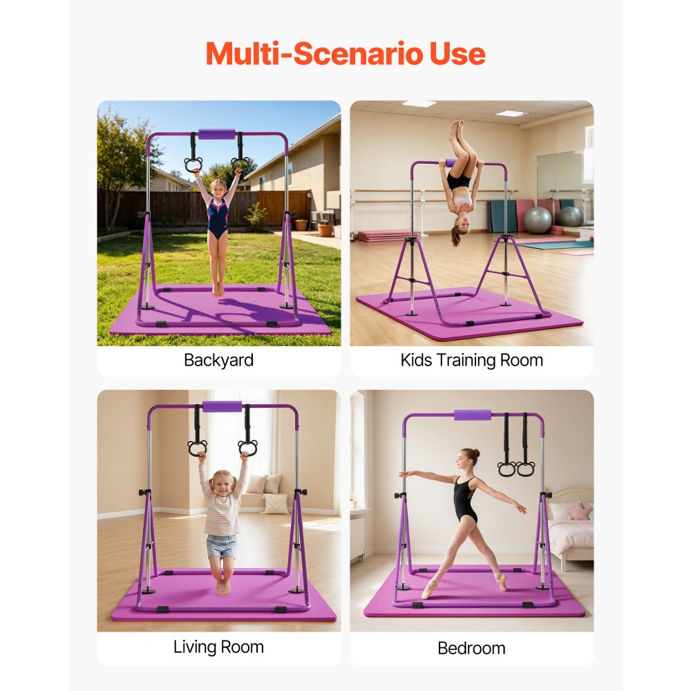VEVOR Gymnastic Bars for Kids, 140 lbs Capacity Folding Training Kip Bar with Mat, Adjustable Height Gymnastic Horizontal Bar for Home, Training Equipment for Indoor Outdoor, Easy to Assemble, Purple