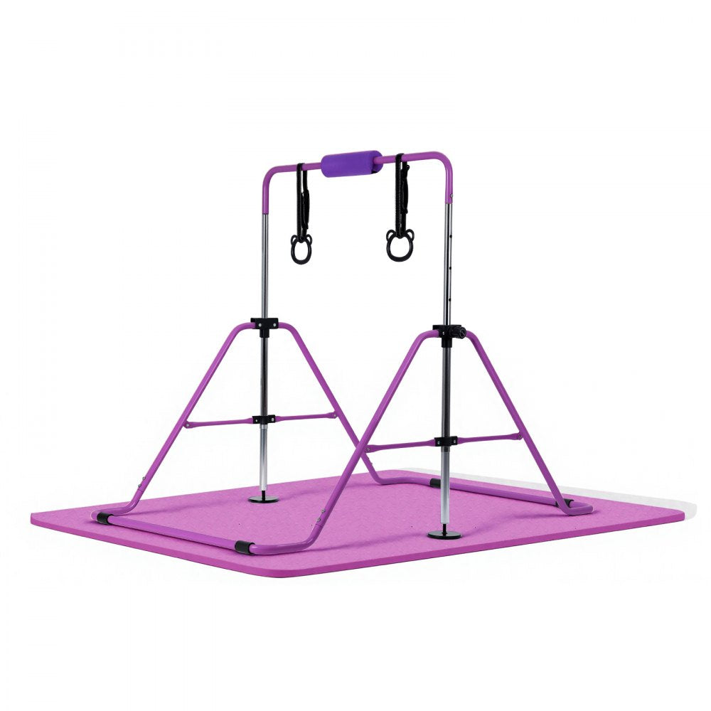 VEVOR Gymnastic Bars for Kids, 140 lbs Capacity Folding Training Kip Bar with Mat, Adjustable Height Gymnastic Horizontal Bar for Home, Training Equipment for Indoor Outdoor, Easy to Assemble, Purple