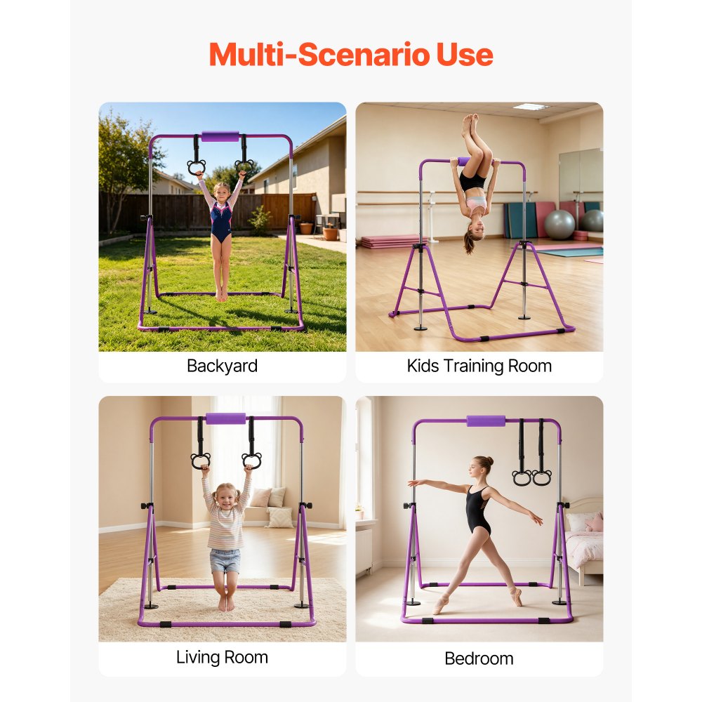 VEVOR Gymnastic Bars for Kids, 140 lbs Capacity Folding Training Kip Bar, Adjustable Height Gymnastic Horizontal Bar for Home, Training Equipment for Indoor and Outdoor, Easy to Assemble, Purple